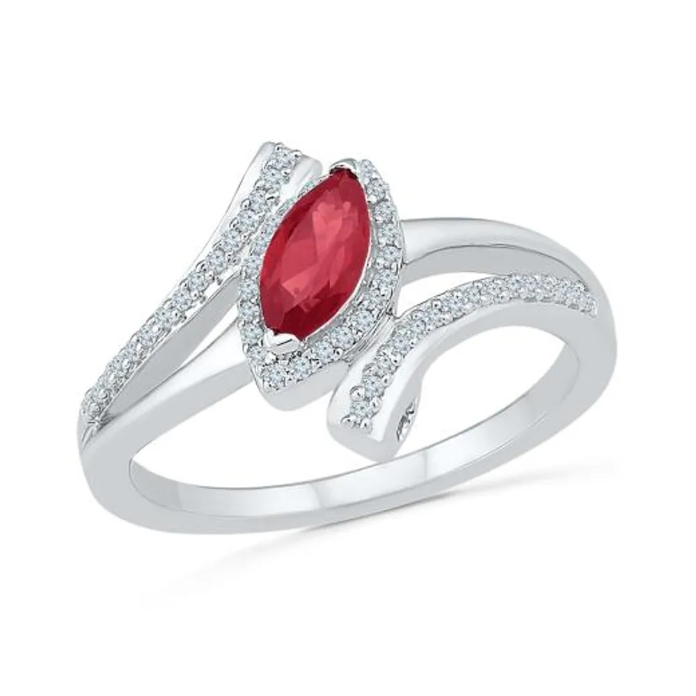 10K White Gold Created Ruby & 0.16CTW Diamond Ring