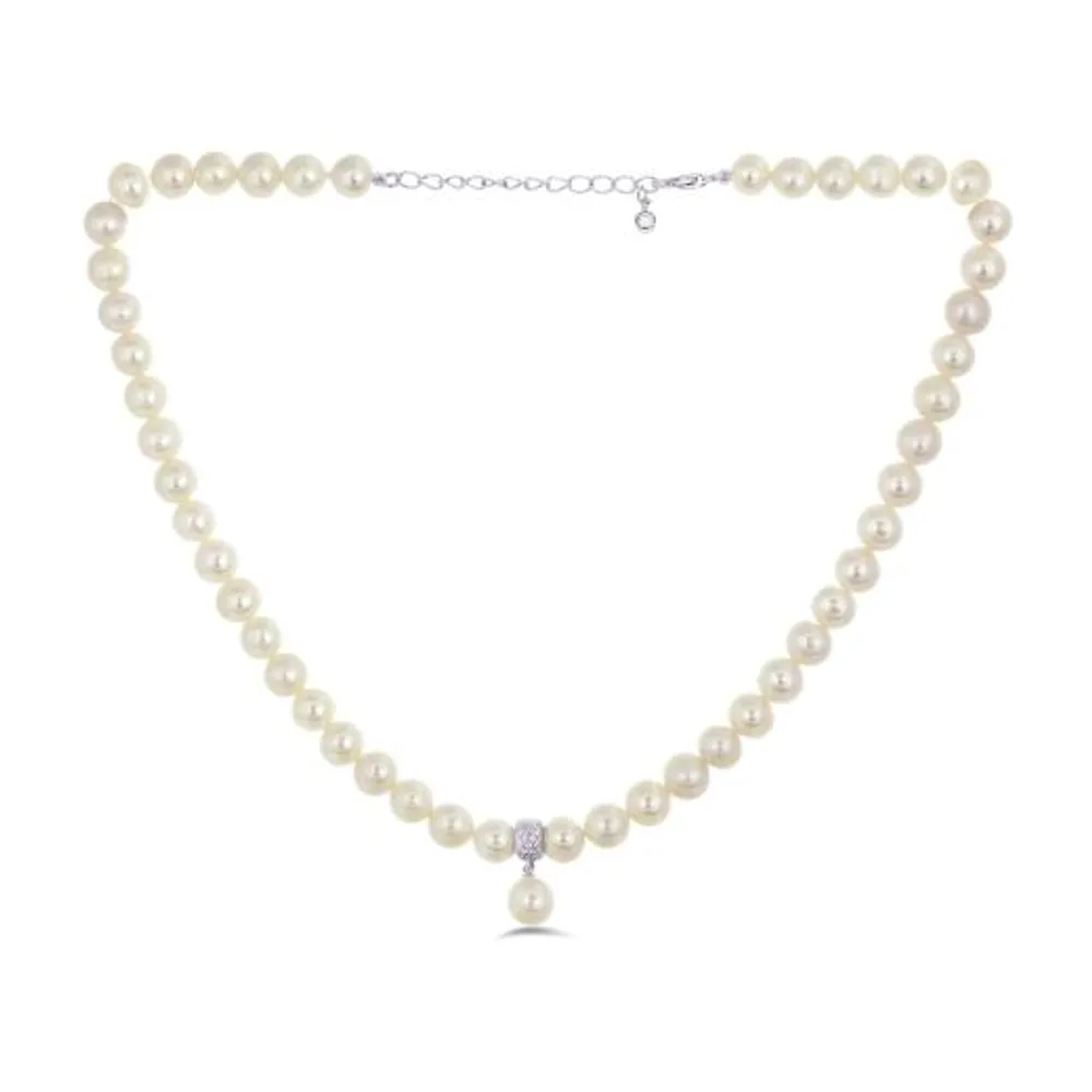 Sterling Silver 8-8.5mm White Pearl Cubic Zirconia Choker with Extender