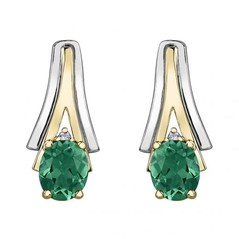 10K White & Yellow Gold Emerald & 0.01CTW Diamond Earring