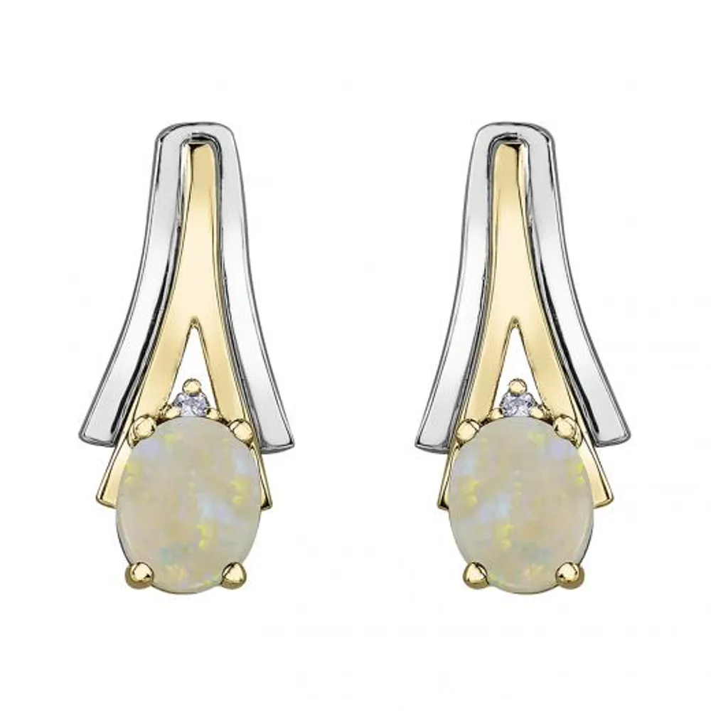 10K White & Yellow Gold Opal & 0.01CTW Diamond Earring