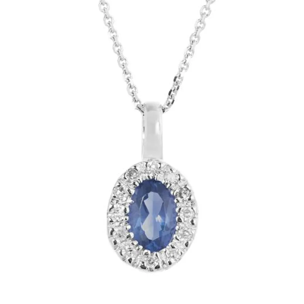 10K White Gold Sapphire & 0.05CTW Diamond Halo Pendant