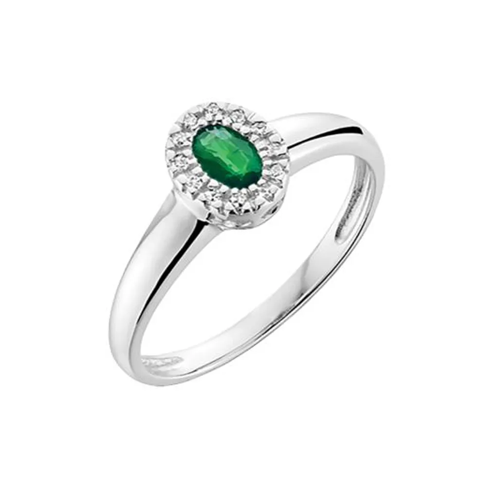 10K White Gold Emerald and Diamond Halo Ring