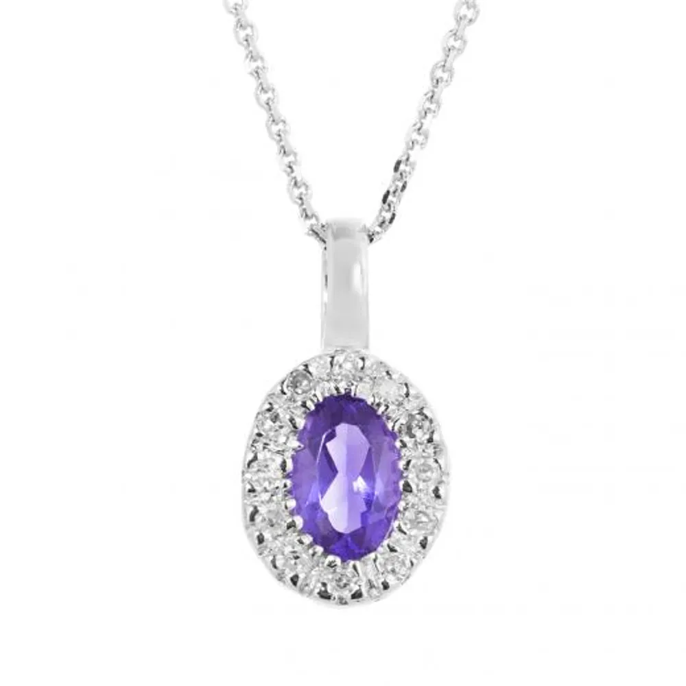 10K White Gold Amethyst & 0.05CTW Diamond Halo Pendant