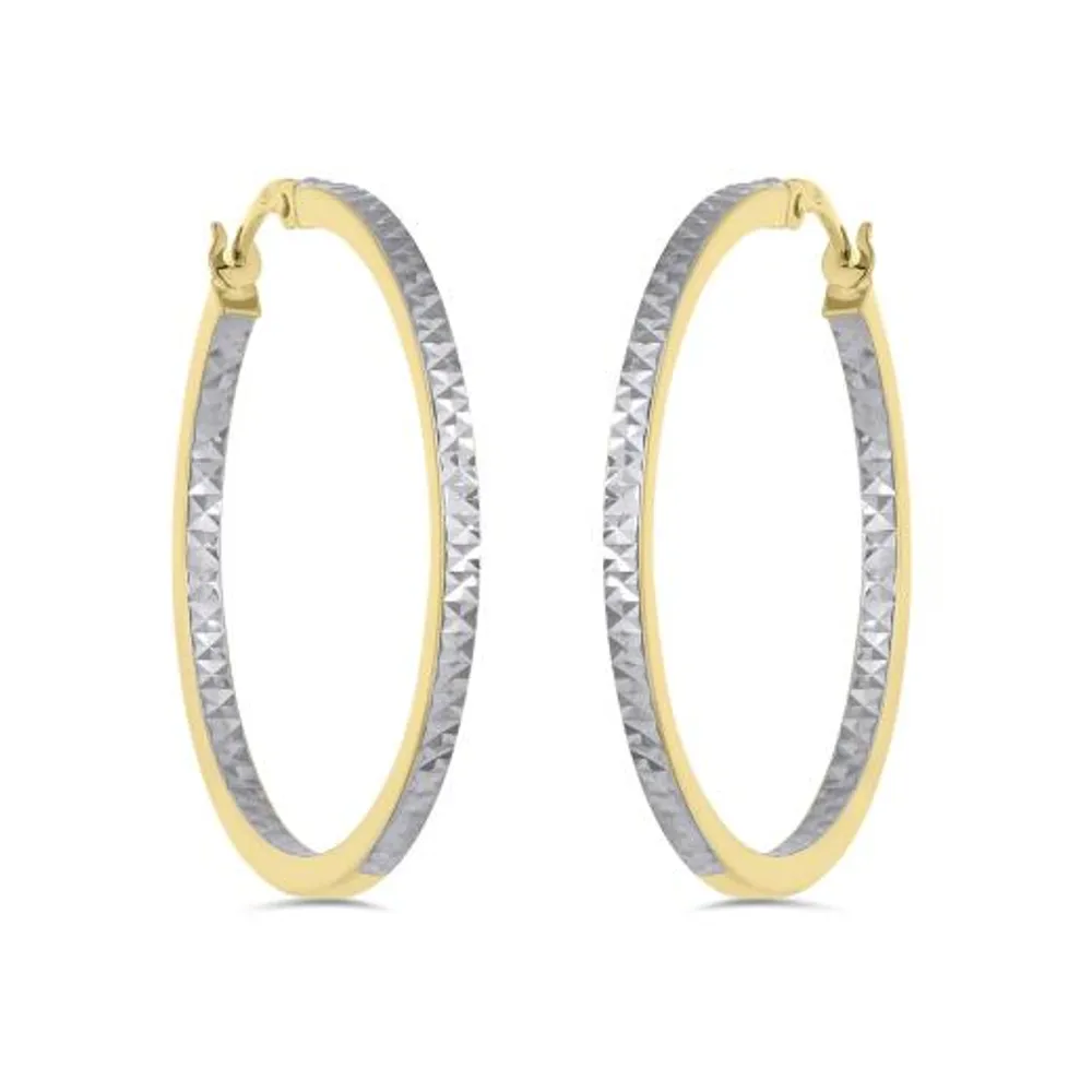 10K Yellow and White Gold Diamond Cut Hoop Earrings