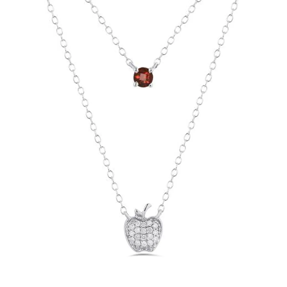 Enchanted Disney Sterling Silver 0.09CTW Apple Diamond & Garnet Necklace