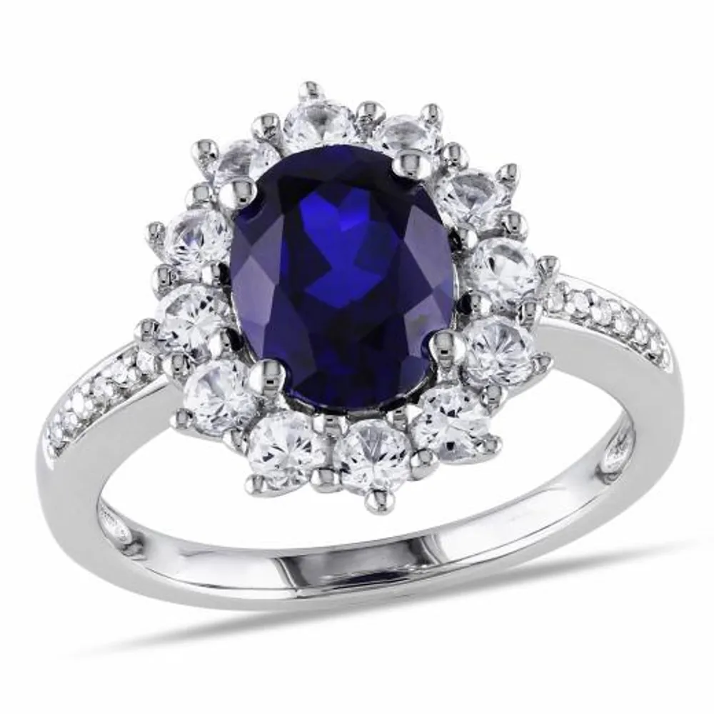 Julianna B Created Blue Sapphire & Created White Sapphire & 0.05CTW Diamond Ring