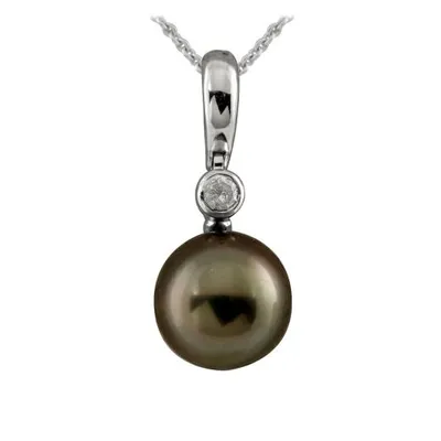 14K White Gold 0.07CT Diamond & 11-11.5mm Round Tahitian Pearl Necklace
