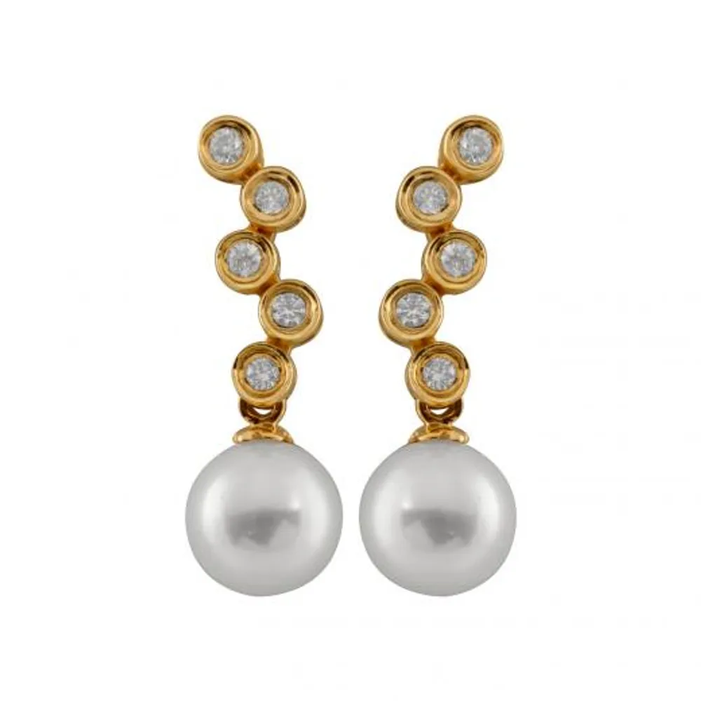 14K Yellow Gold Round 7mm Akoya Pearl Bezel Set Diamond Earrings