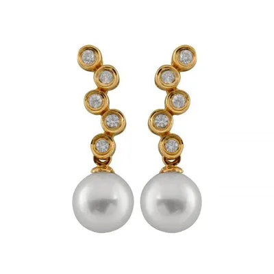 14K Yellow Gold Round 7mm Akoya Pearl Bezel Set Diamond Earrings