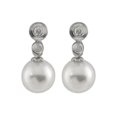 14K White Gold Round 7-7.5mm Chinese Akoya Pearl & Diamond Earrings