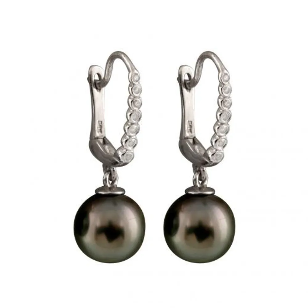 14K White Gold 8mm Tahitian Pearl & Diamond Earrings