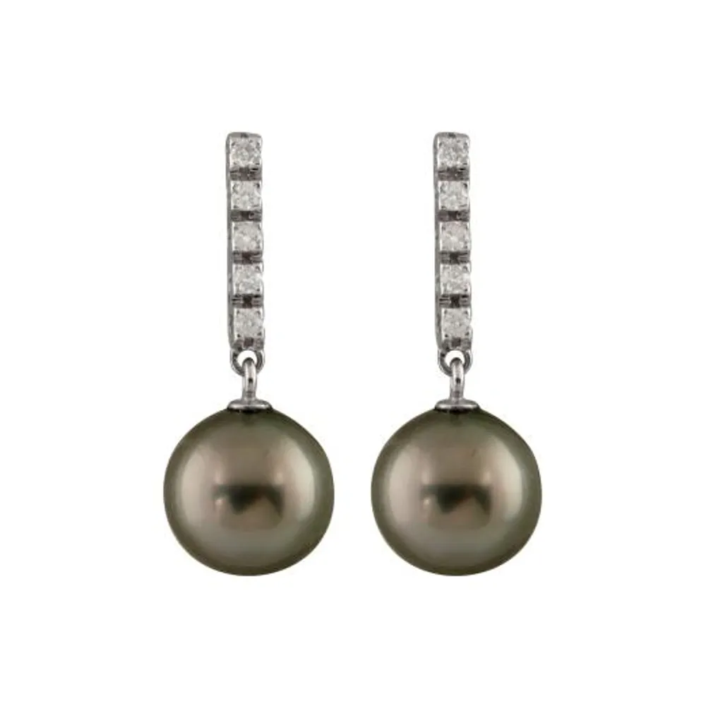 14K White Gold 9mm Round Tahitian Pearl & Diamond Earrings