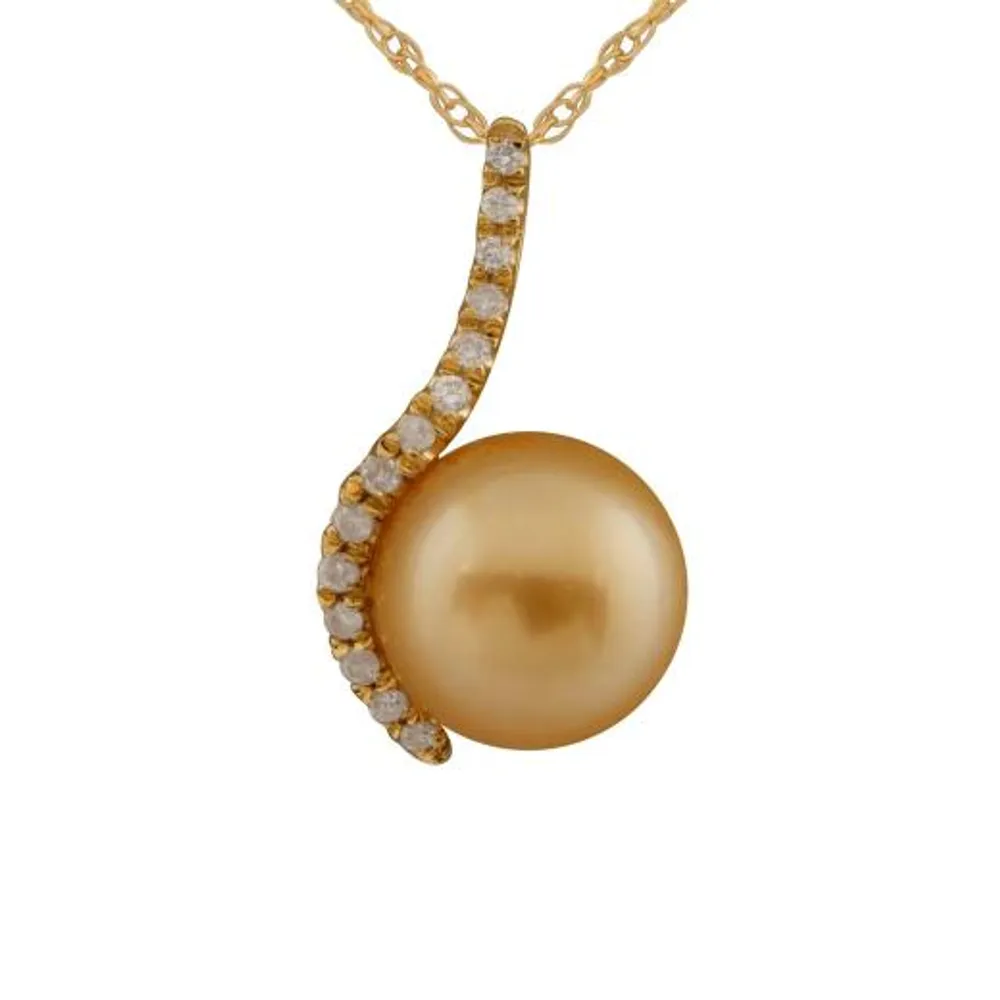 14K Yellow Gold 10mm Golden South Sea Pearl & Diamond Pendant