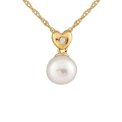 14K Yellow Gold 8-9mm Round Freshwater & Diamond Heart Pendant