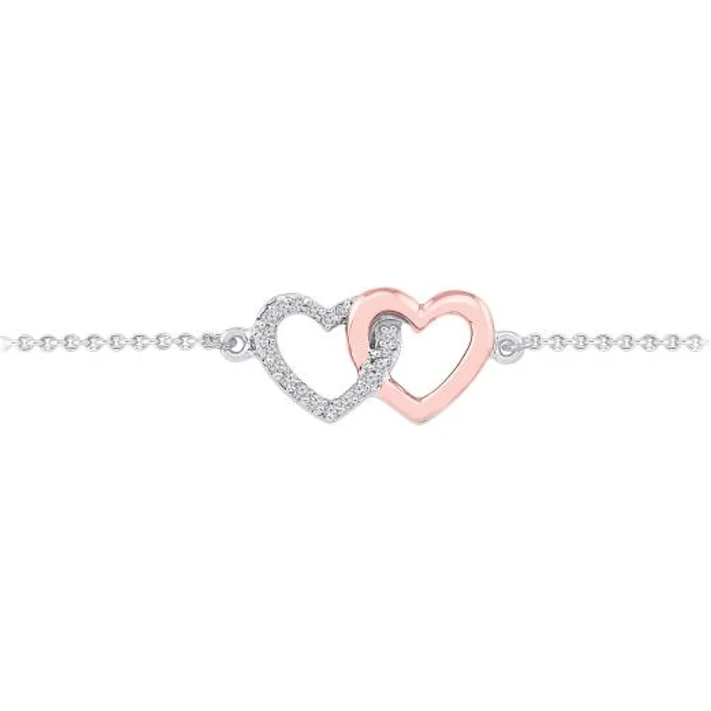 Sterling Silver 10K Rose Gold Diamond Heart Bracelet