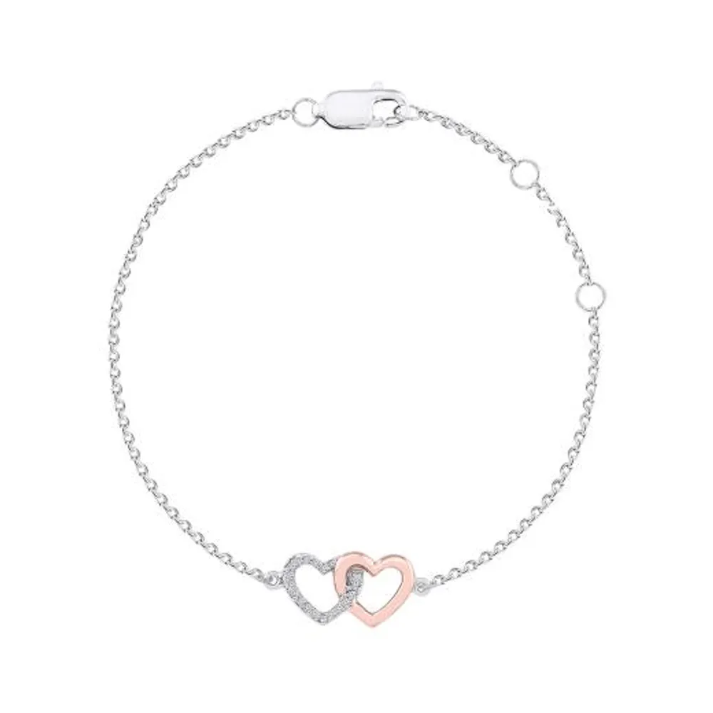 Sterling Silver 10K Rose Gold Diamond Heart Bracelet