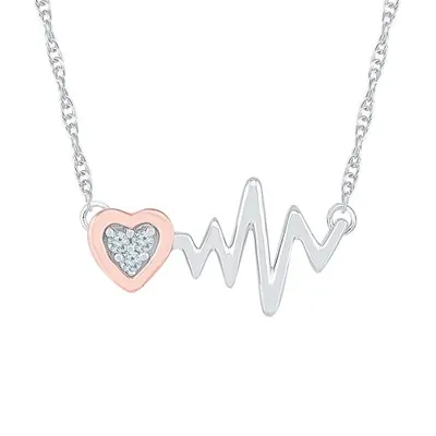 Sterling Silver 10K Rose Gold Plated Diamond Heartbeat Necklace