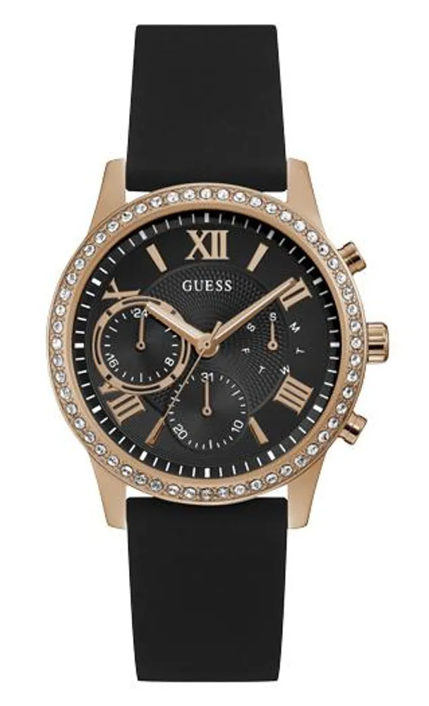 Guess Women's Rose Gold Crystal Bezel Black Chrono Look Watch