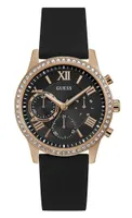 Guess Women's Rose Gold Crystal Bezel Black Chrono Look Watch