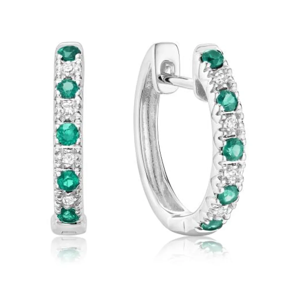 10K White Gold Emerald and 0.04CTW Diamond Earrings