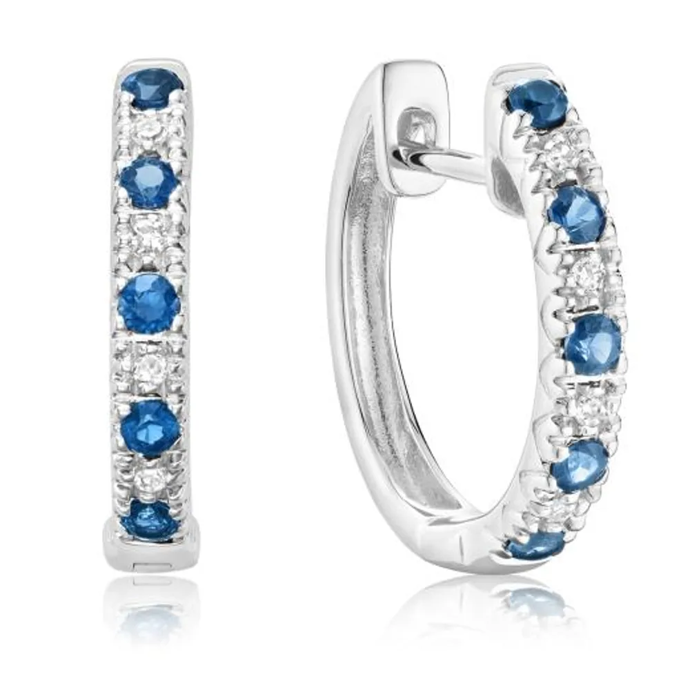 10K White Gold Sapphire & 0.04CTW Diamond Hoop Earrings