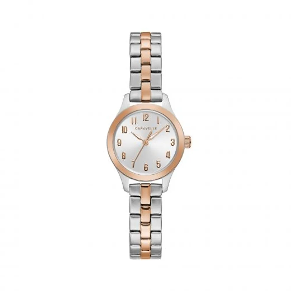 Caravelle Women's Rose Gold-Tone Stainless Steel Silver-White Sunray Dial Watch