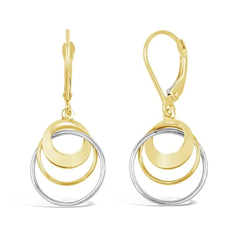 10K Yellow and White Gold Triple Circle Dangle Earrings