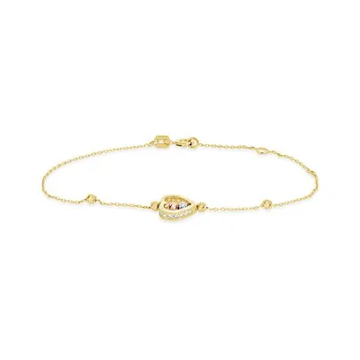 10K Yellow White and Rose Gold Heart and Ball Bracelet with Cubic Zirconia