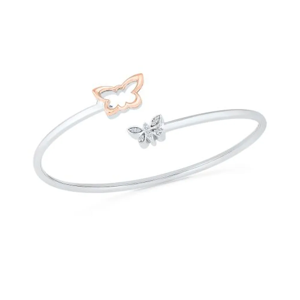 Sterling Silver & 10K Rose Gold Diamond Butterfly Bangle