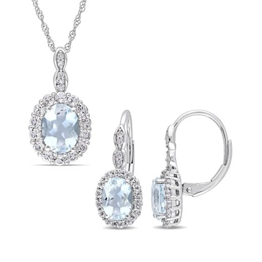 Julianna B 14K White Gold Diamond Aquamarine&White Topaz Earrings & Pendant Set