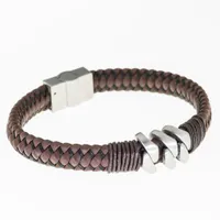 SteelX Stainless Steel 8.75" Brown Leather Woven Bracelet