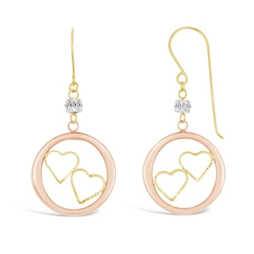10K Yellow White and Rose Gold Double Heart Dangle Earrings