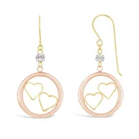 10K Yellow White and Rose Gold Double Heart Dangle Earrings