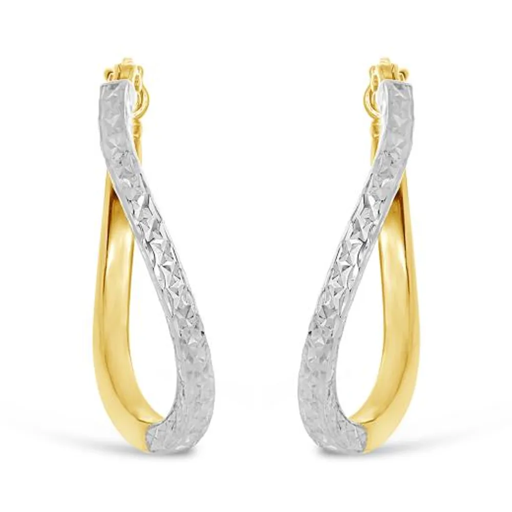 10K Yellow and White Gold Diamond Cut Twisted Hoops