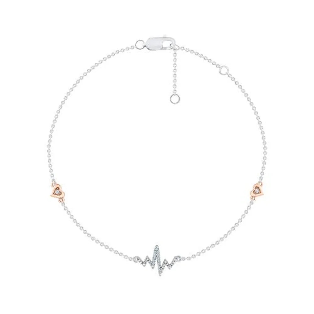 Sterling Silver 10K Rose Gold Diamond Heartbeat Bracelet