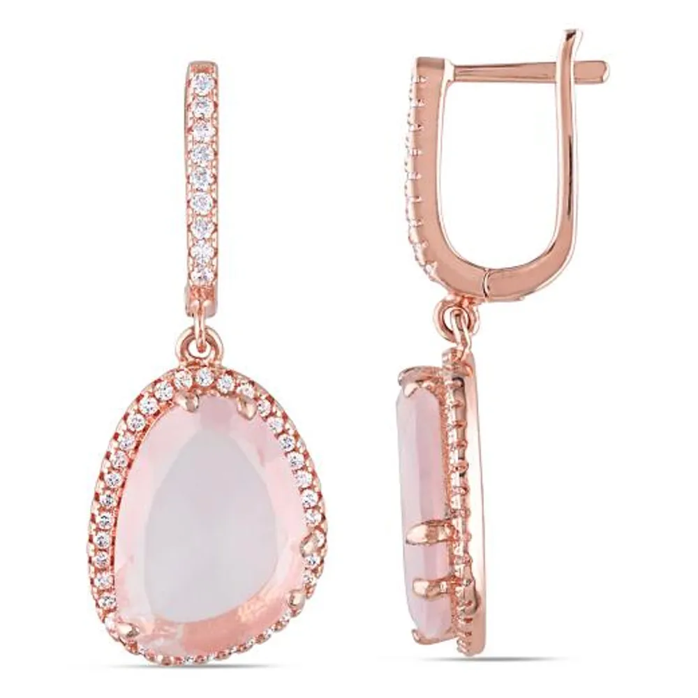 Julianna B Sterling Silver Rose Quartz & White Topaz Halo Drop Earrings