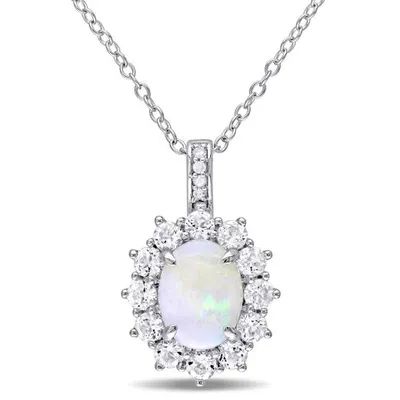 Julianna B Sterling Silver Opal White Topaz & Diamond Halo Pendant with Chain
