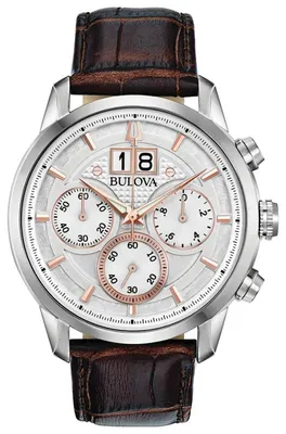 Bulova Men's Stainless Steel Chronograph Watch Silver with Brown Leather Strap