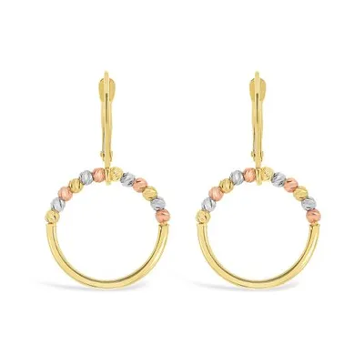 10K Yellow White and Rose Gold Diamond Cut Balls Circle Dangles