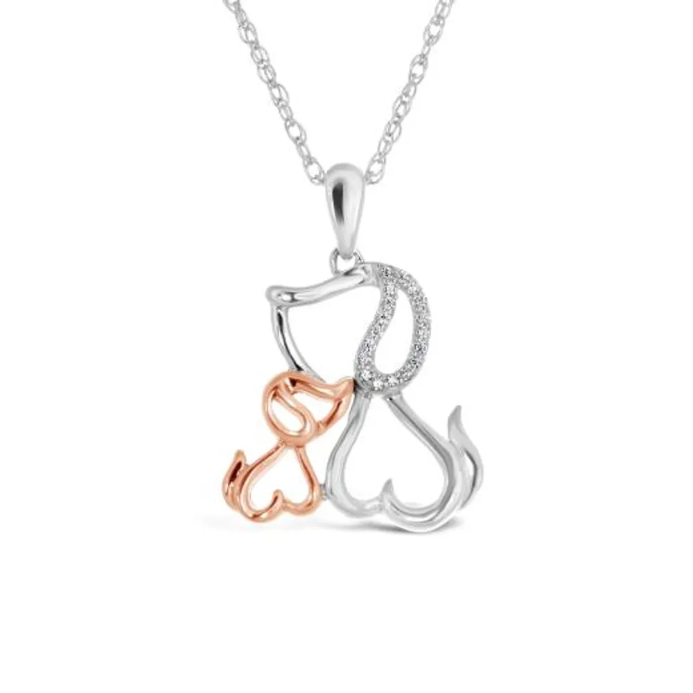 Sterling Silver 10K Rose Gold Diamond Dog Pendant