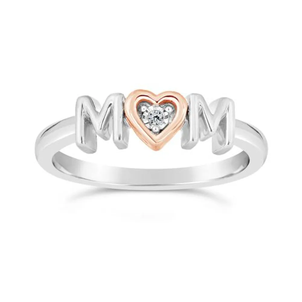 Sterling Silver 10K Rose Gold Diamond Mom Heart Ring