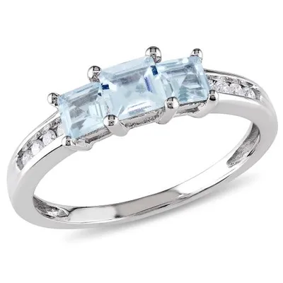 Julianna B 10K White Gold 3 Stone Aquamarine & 0.10CTW Diamond Ring