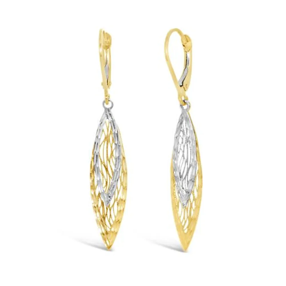 10K Yellow and White Gold Diamond Cut Dangle Earrings