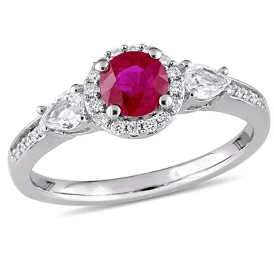 Julianna B 14K White Gold Ruby White Sapphire & 0.12CTW Diamond Halo Ring