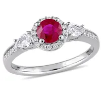 Julianna B 14K White Gold Ruby White Sapphire & 0.12CT Diamond Halo Ring