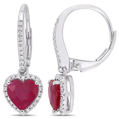 Julianna B 14K White Gold Ruby & Diamond Heart Leverback Earrings