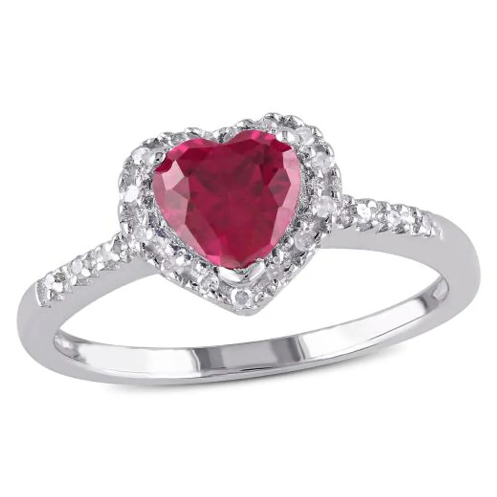 Julianna B Sterling Silver Created Ruby & 0.10CTW Diamond Heart Halo Ring