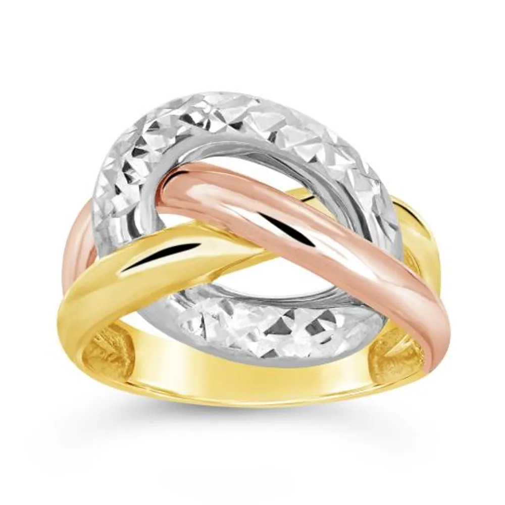 10K Yellow, White and Rose Gold Diamond Cut Interwoven Ring
