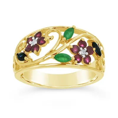 10K Yellow Gold Ruby Emerald Sapphire & Diamond Ring
