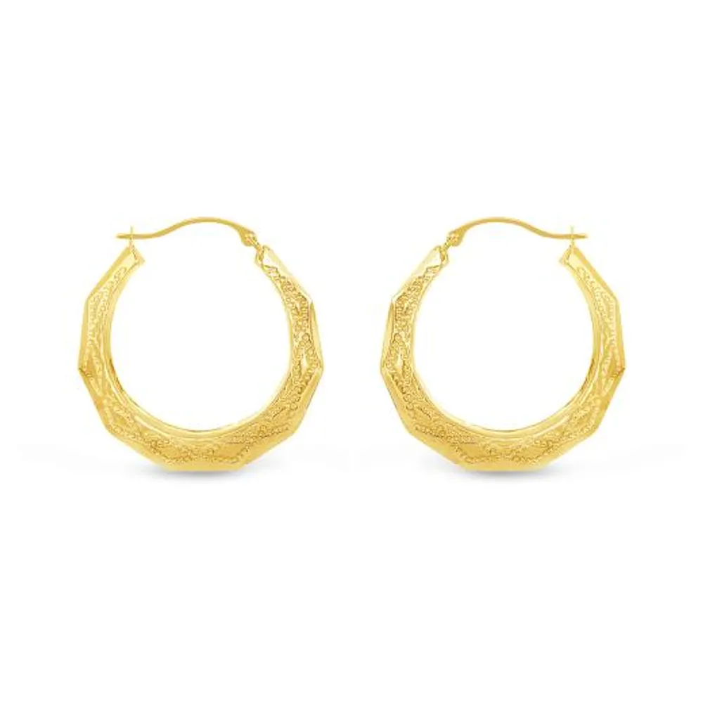 10K Yellow Gold Patterned Round Creole Earrings